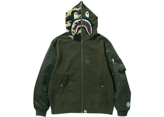 BAPE Military Shark Relaxed Fit Full Zip Hoodie Olivedrab