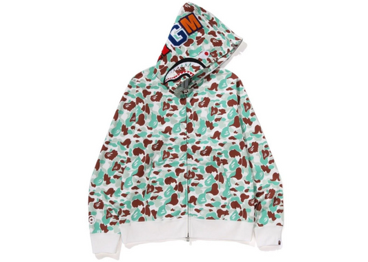 BAPE Sendai Store Exclusive Full Zip Camo Shark Hoodie Green Brown